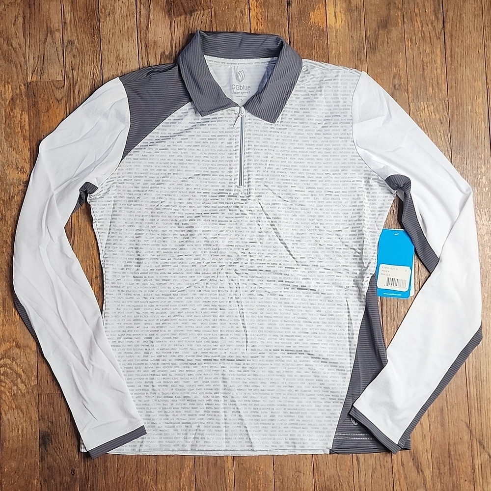 New! Half-Zip Haley White Grey Striped Silver Metallic Golf Polo